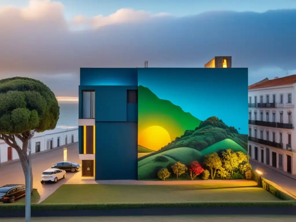 Un mural vibrante en Montevideo, Uruguay, fusionando arte contemporáneo uruguayo con técnicas innovadoras de proyección