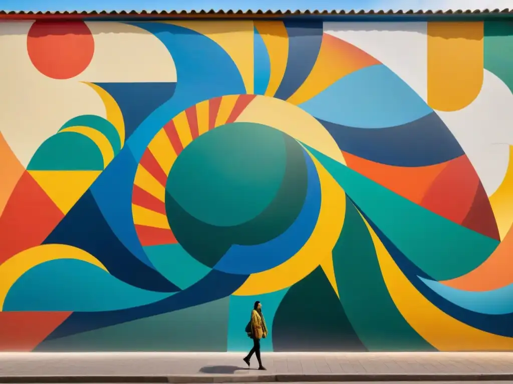 Un mural vibrante de arte contemporáneo uruguayo, con formas abstractas y colores audaces que simbolizan la energía creativa del autor