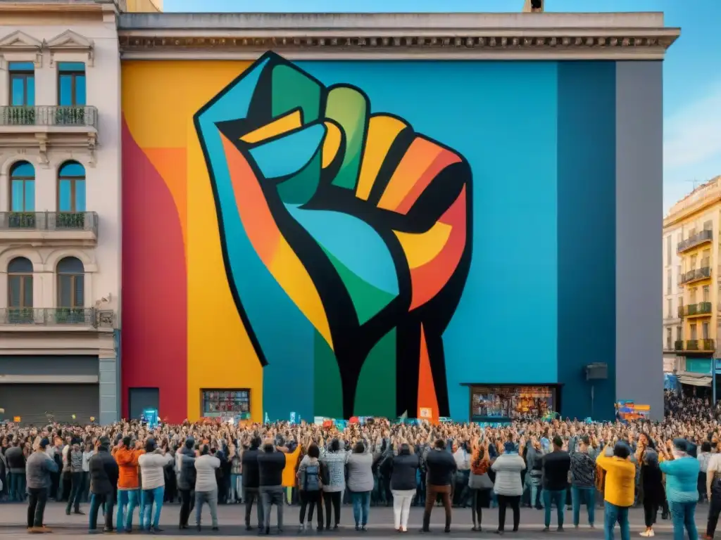 Mural vibrante en Montevideo, Uruguay, arte contemporáneo activista con diversidad de personas levantando puños en unidad