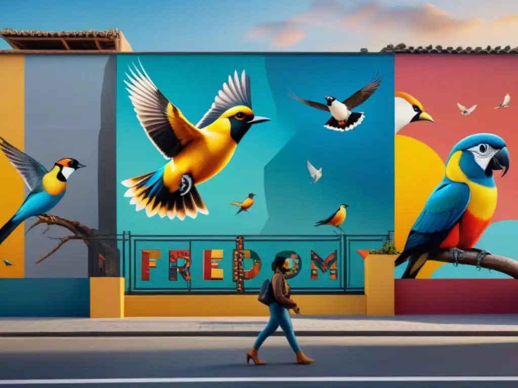 Un mural vibrante de arte digital en Uruguay simbolizando la libertad de expresión con elementos coloridos y diversidad cultural