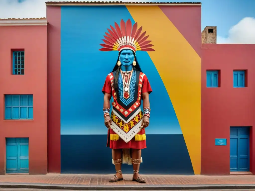 Un mural vibrante en Montevideo, Uruguay, muestra arte indígena contemporáneo en colores llamativos y patrones geométricos intrincados