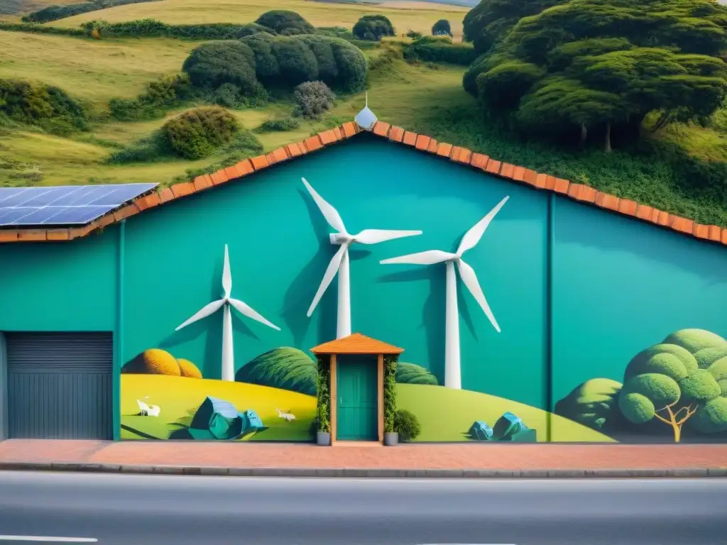 Mural vibrante en Uruguay mostrando arte sostenible con vida silvestre diversa y energías renovables