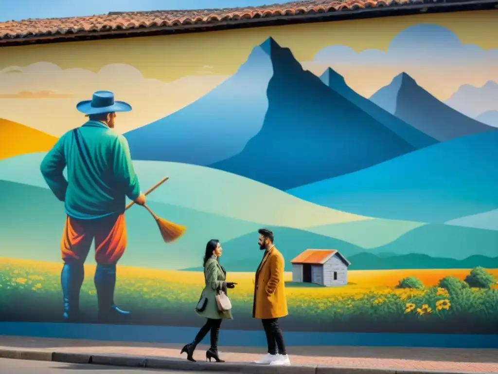 Un mural vibrante de arte terapéutico en Uruguay, con personas diversas disfrutando de diversas formas de arte