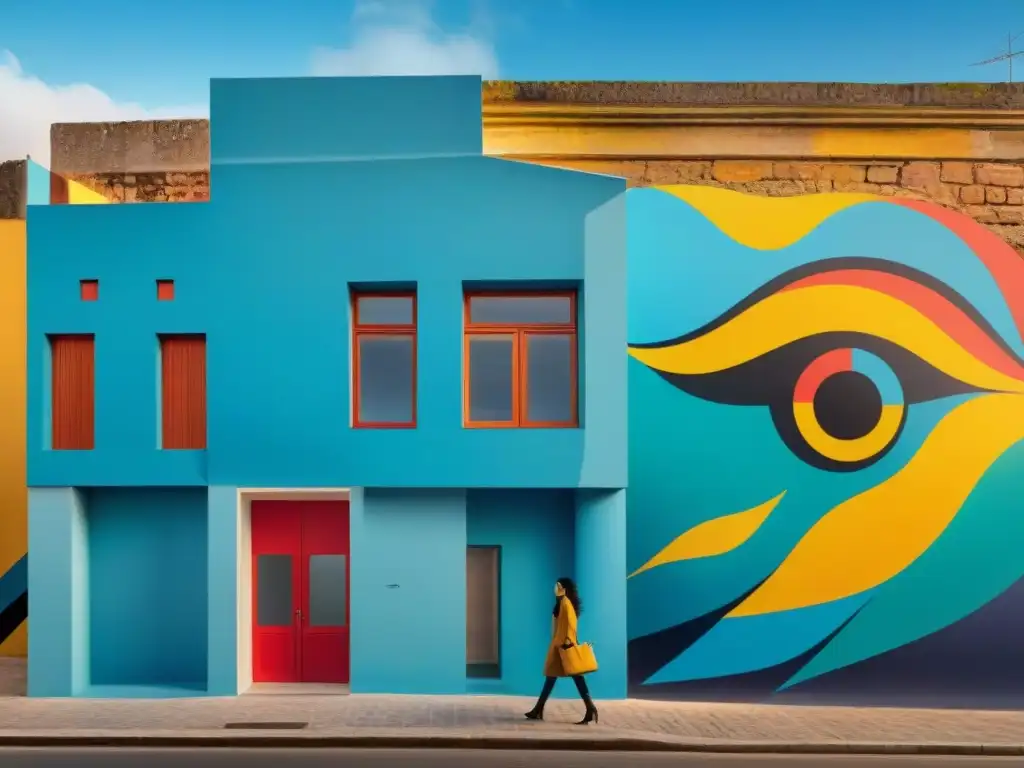 Un mural vibrante que fusiona arte tradicional uruguayo con elementos de arte urbano contemporáneo