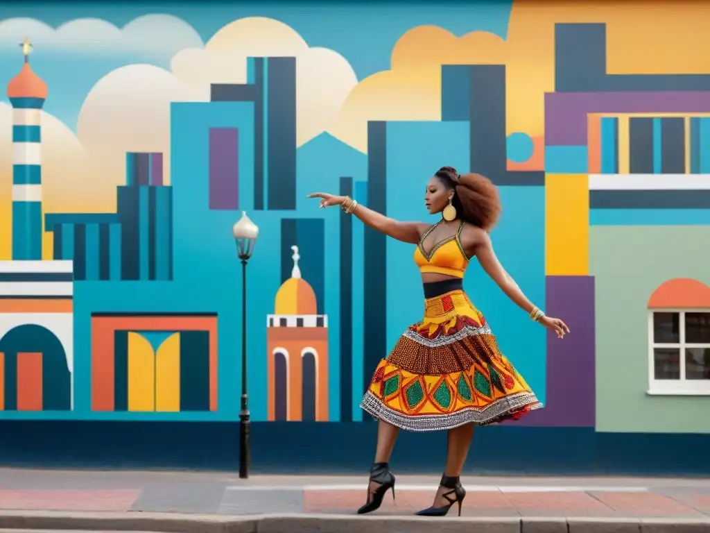 Un mural vibrante que fusiona arte tradicional africano y contemporáneo uruguayo, reflejando la influencia afrouruguaya en arte contemporáneo