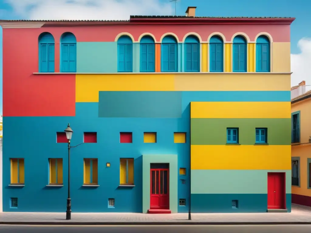 Un mural vibrante en Montevideo fusionando arte tradicional con elementos abstractos, reflejando el impacto del arte contemporáneo en Uruguay