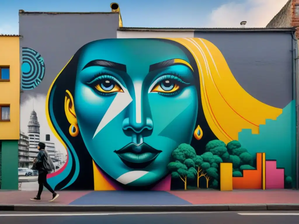 Un mural vibrante que fusiona arte urbano tradicional y elementos digitales, simbolizando la transformación del arte urbano en Uruguay