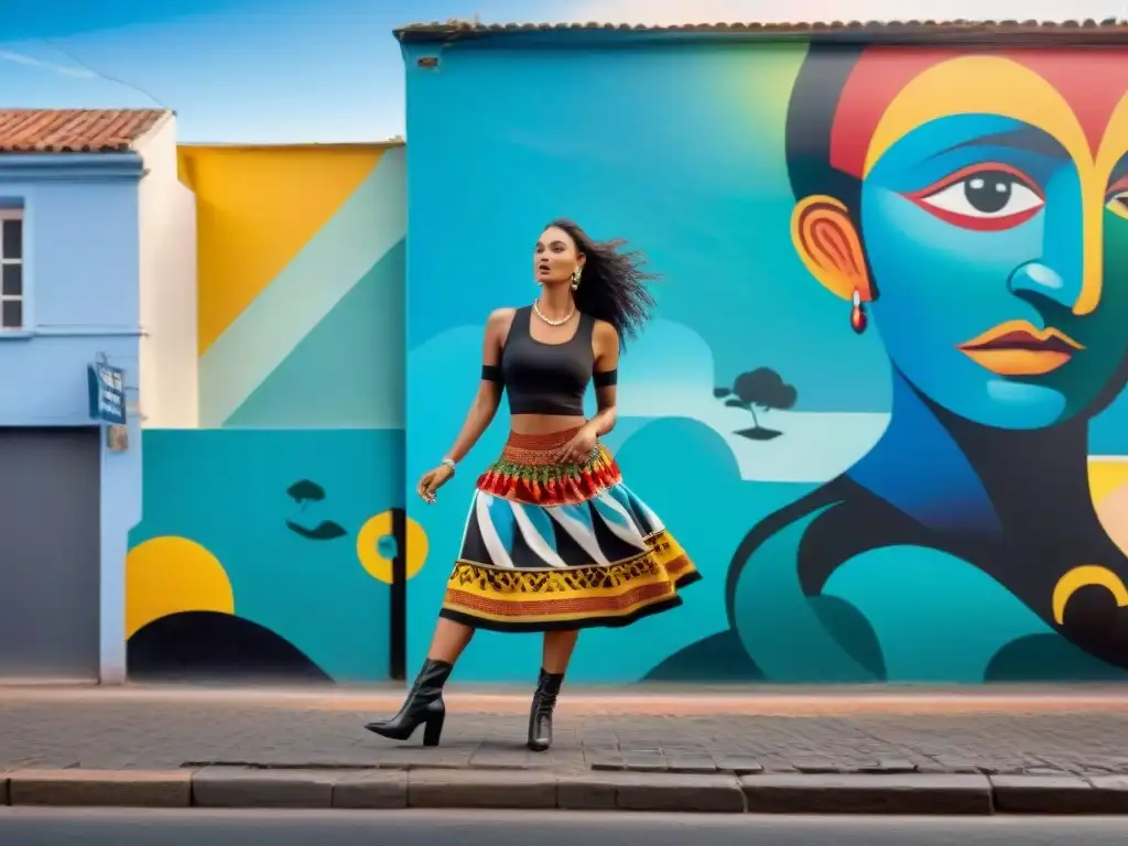 Un mural vibrante que fusiona el arte urbano con la cultura de Uruguay, mostrando danzas tradicionales, hitos icónicos y fauna local en una obra colorida y cautivadora