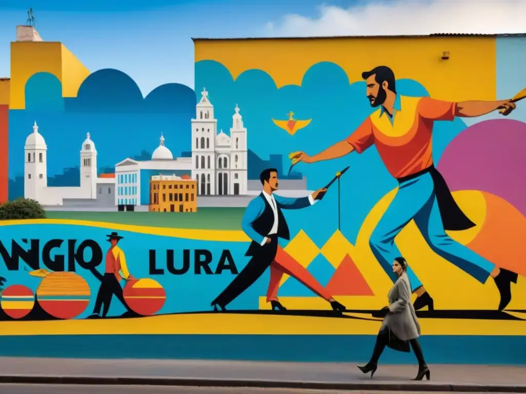 Mural vibrante en Montevideo con artistas urbanos uruguayos, tango, gauchos y mercados coloridos