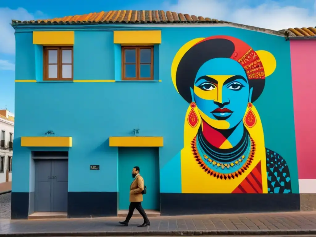 Un mural vibrante en Montevideo con artistas urbanos uruguayos, fusionando lo tradicional y contemporáneo en un paisaje urbano único