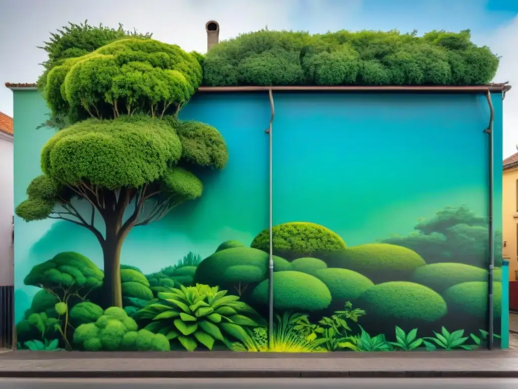 Mural vibrante en Uruguay con artistas uruguayos abordando la crisis climática a través de arte innovador