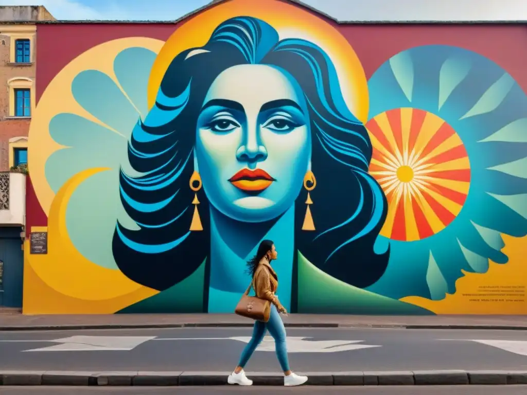 Mural vibrante en una calle uruguaya, reflejando diversidad cultural y conciencia social