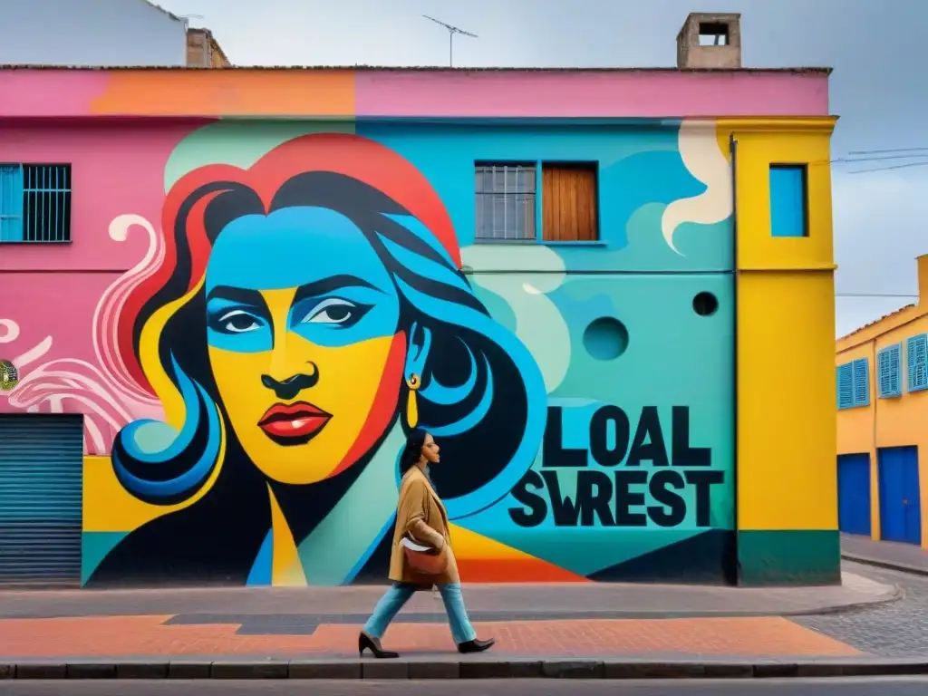 Un mural vibrante en un callejón de Montevideo, retratando a un artista rodeado de patrones coloridos