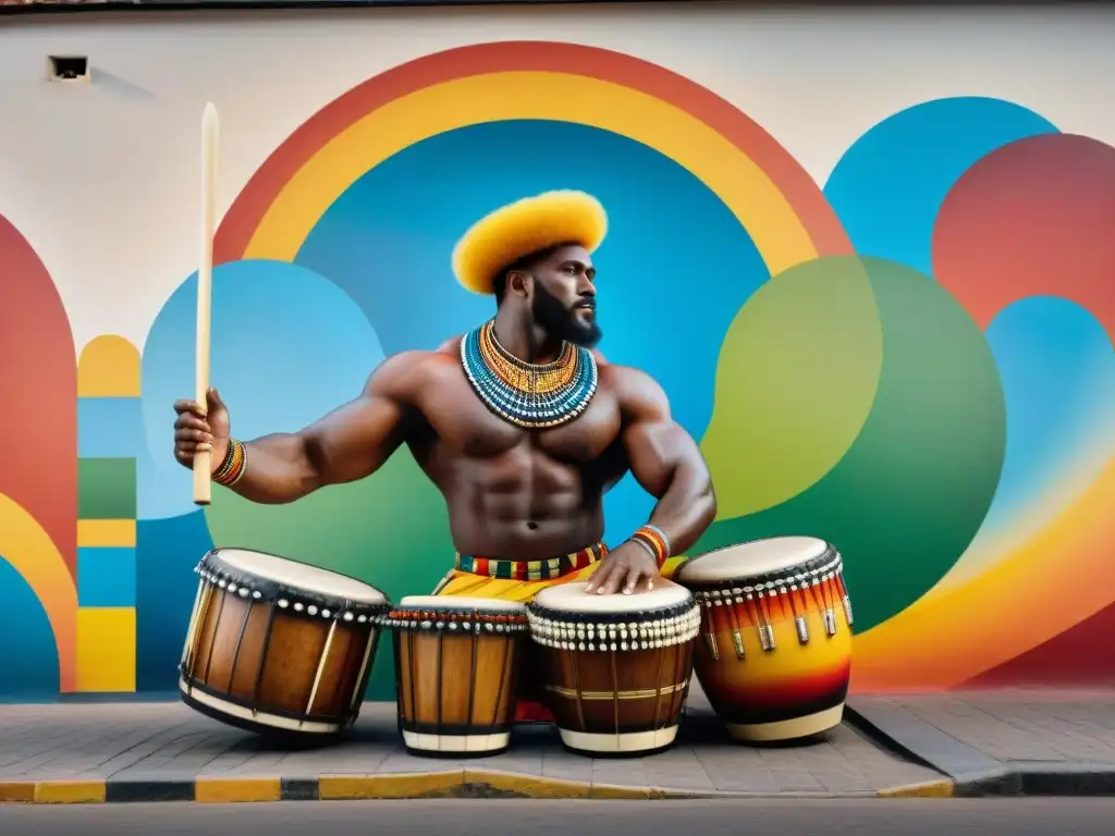 Un mural vibrante de Candombe en arte contemporáneo uruguayo: músicos, tambores, danzas y colores celebran la identidad afro