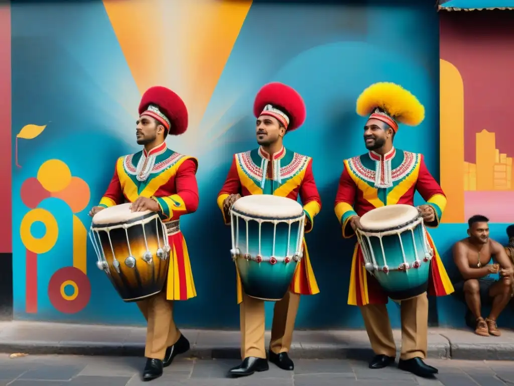 Un mural vibrante de AfroUruguayos tocando candombe bajo la luna