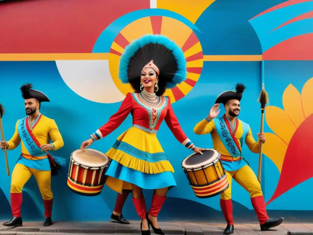 Mural vibrante de Carnaval en Montevideo, fusionando arte contemporáneo uruguayo y la pasión del Candombe