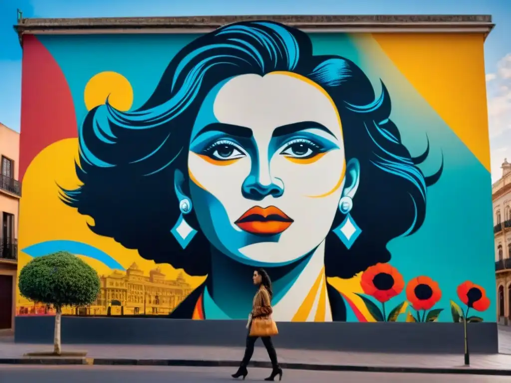 Un mural vibrante y cautivador en las calles de Montevideo, Uruguay, desafiando normas sociales con colores audaces y diseños intrincados