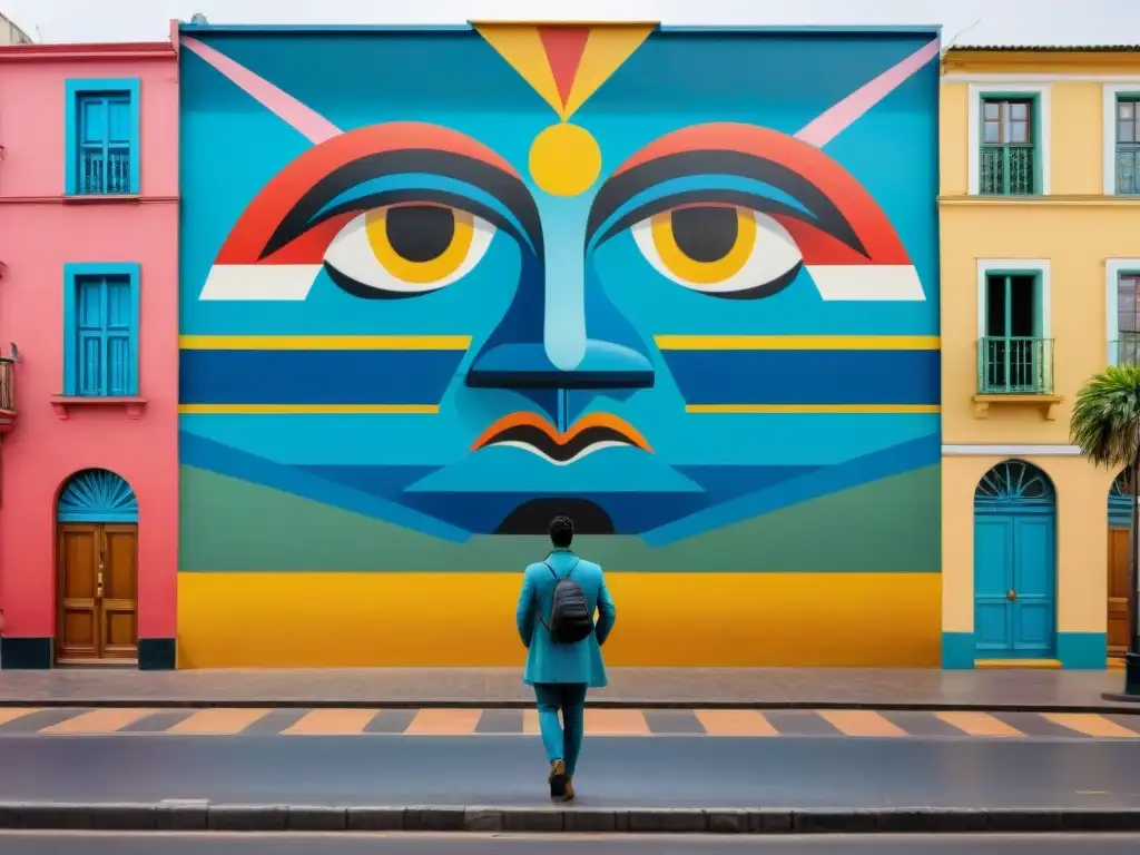 Un mural vibrante y cautivador en Montevideo, Uruguay, fusionando motivos tradicionales con elementos abstractos modernos