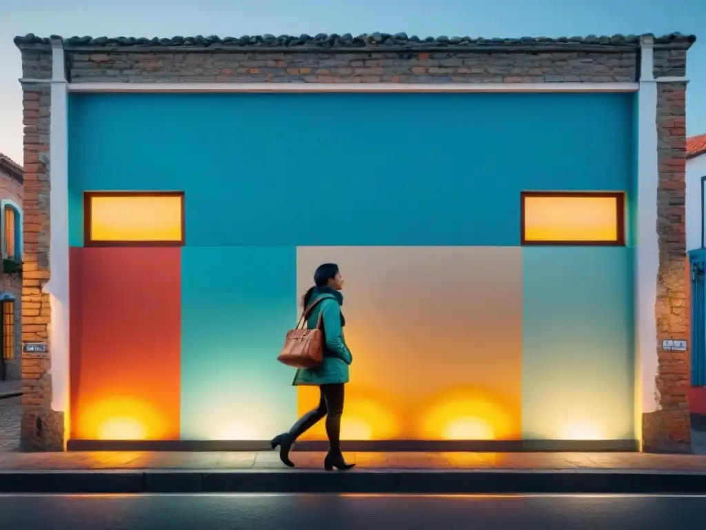 Un mural vibrante y cautivador en una pared de ladrillo iluminada por farolas en la noche, mostrando la belleza del arte urbano nocturno en Uruguay