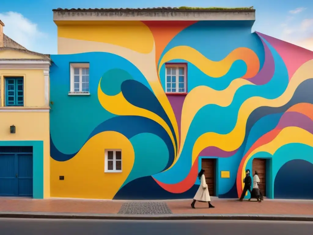 Mural vibrante en centro cultural de arte contemporáneo en Uruguay, fusionando técnicas tradicionales y modernas