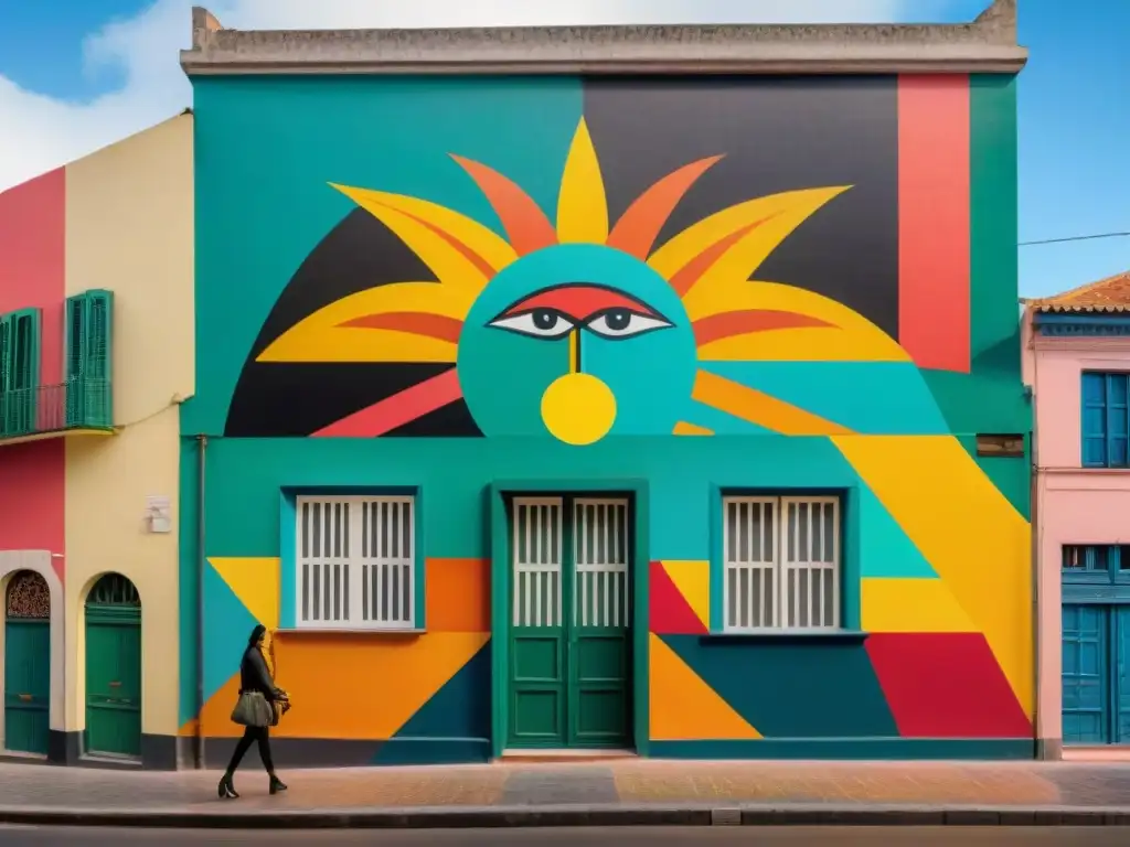 Un mural vibrante en Montevideo con colaboraciones artísticas en Uruguay, fusionando formas geométricas y símbolos culturales en un edificio histórico