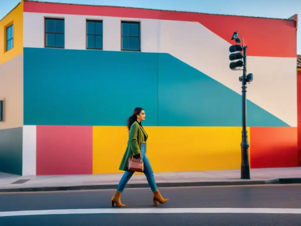 Mural vibrante de colectivos artísticos contemporáneos Uruguay, colores brillantes y formas geométricas en la calle