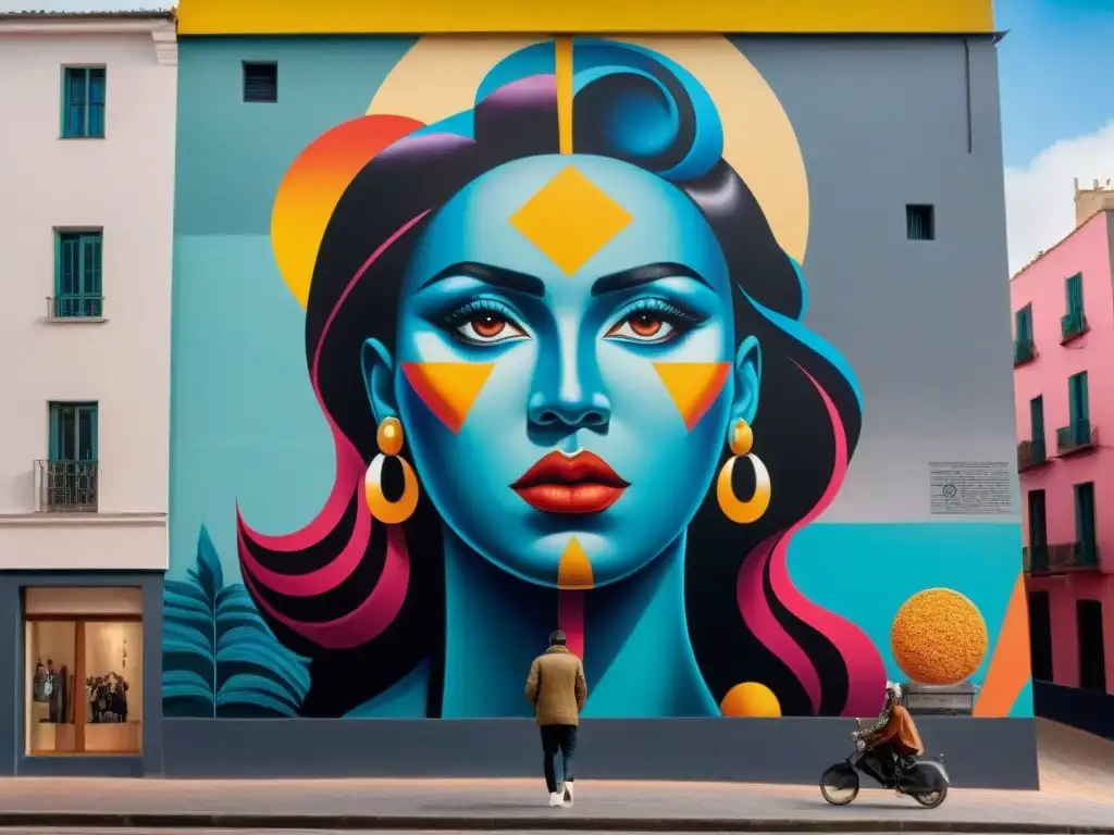 Un mural vibrante en Montevideo con colores audaces y formas geométricas, artistas uruguayos agregando detalles intrincados