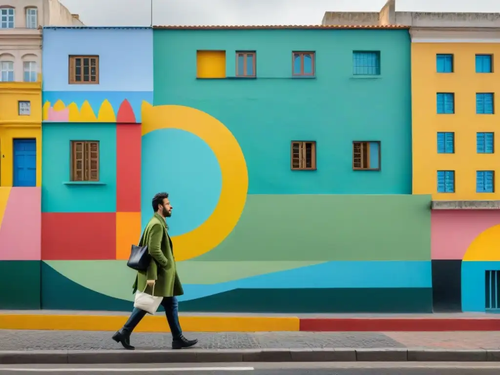 Un mural vibrante y colorido de arte contemporáneo uruguayo en la ciudad, con gente admirando la obra con expresiones de asombro