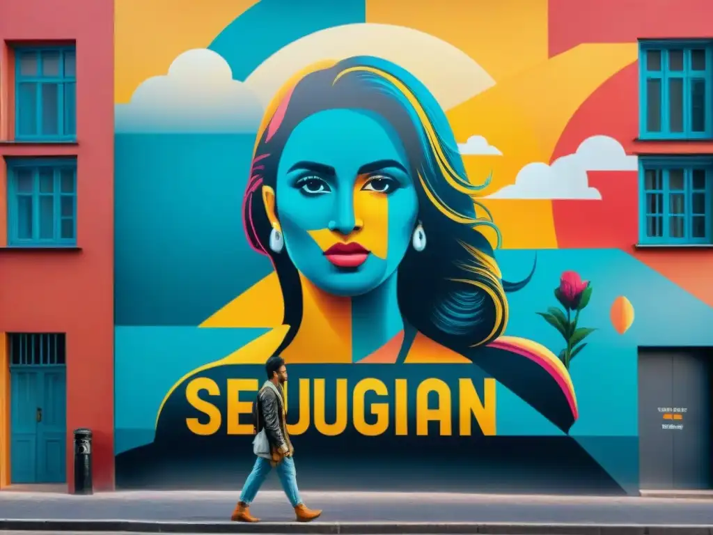 Un mural vibrante y colorido fusiona arte tradicional uruguayo con elementos digitales, incluyendo símbolos SEO