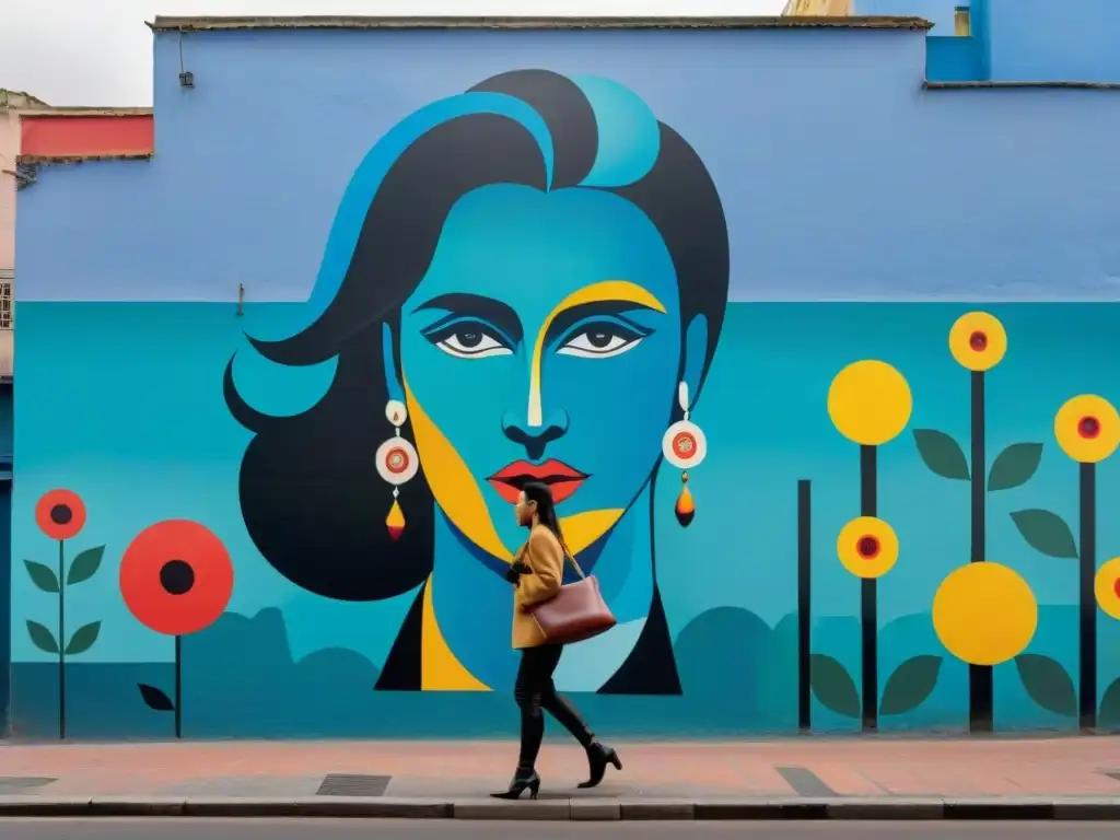 Un mural vibrante y colorido en Montevideo, fusionando arte tradicional uruguayo con elementos abstractos contemporáneos