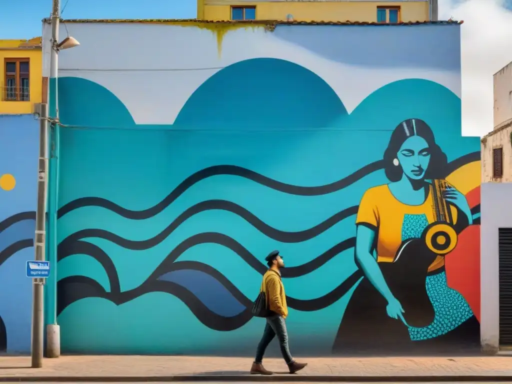 Un mural vibrante y colorido de arte callejero en Montevideo, Uruguay, celebra la cultura local con detalles intrincados y colores llamativos