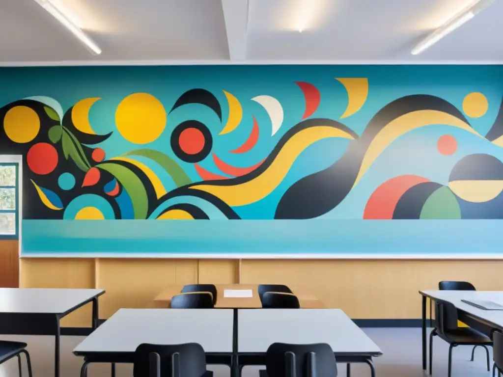 Un mural vibrante y colorido en un aula de Uruguay, fusionando arte tradicional y contemporáneo