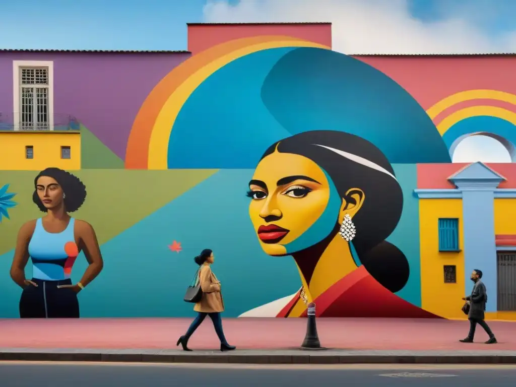 Un mural vibrante y colorido en una calle de Uruguay, reflejando diversidad y cambio social con arte contemporáneo uruguayo