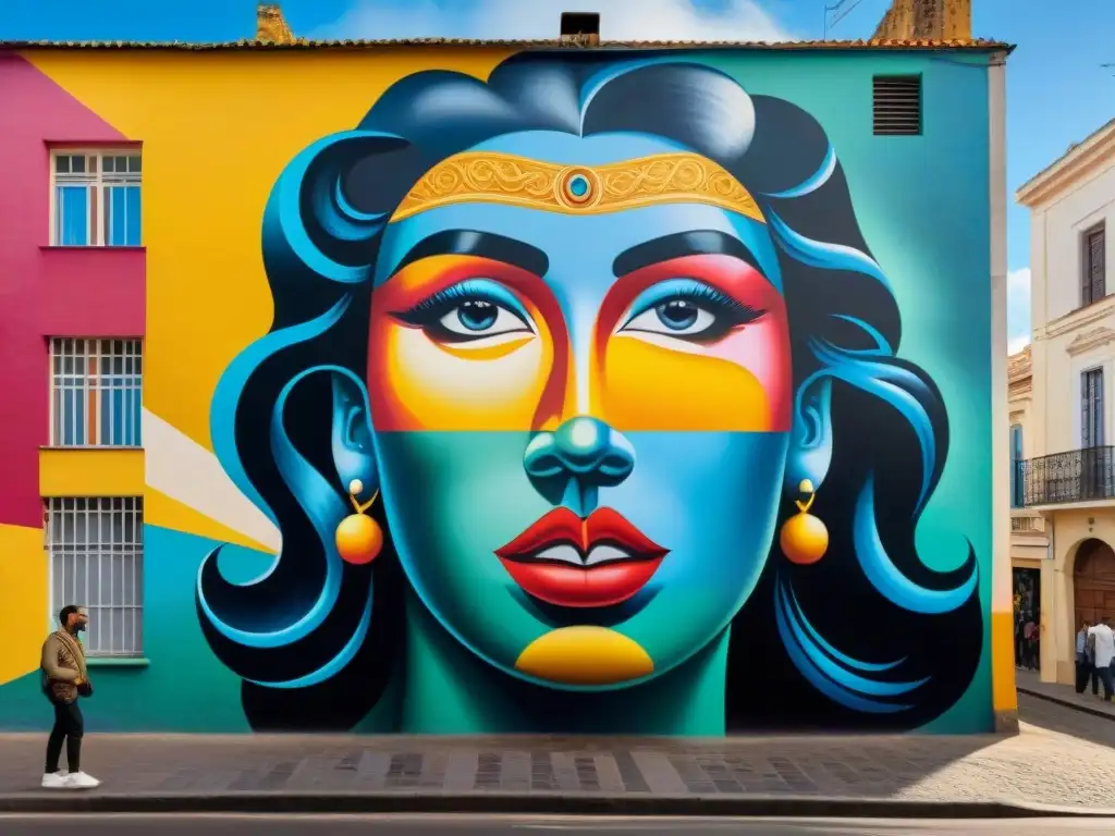 Un mural vibrante y colorido en una calle bulliciosa de Uruguay muestra una obra maestra de arte urbano contemporáneo