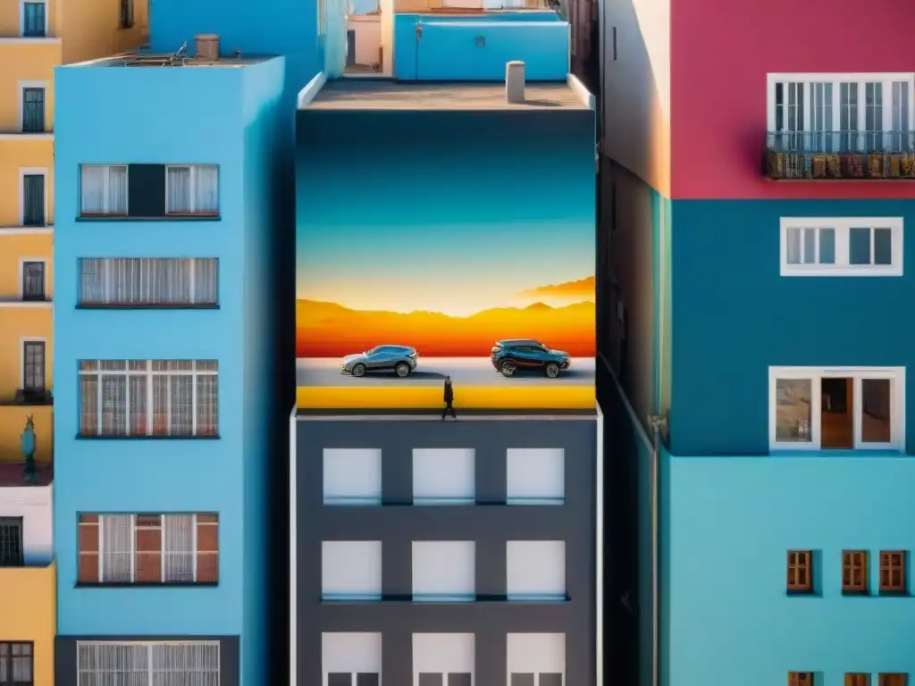 Un mural vibrante y colorido en Montevideo, Uruguay, capturado desde un dron, destaca el arte contemporáneo y la perspectiva única