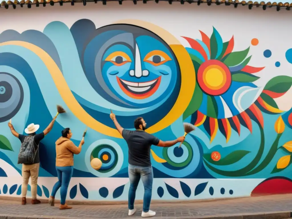 Un mural vibrante y colorido en un centro comunitario en Uruguay, reflejando la unión y la creatividad a través del arte comunitario