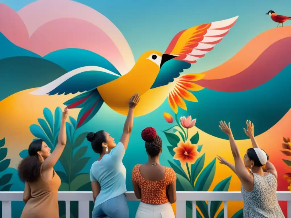 Un mural vibrante y colorido donde la comunidad se une para crear arte, reflejando la terapia comunitaria en Uruguay