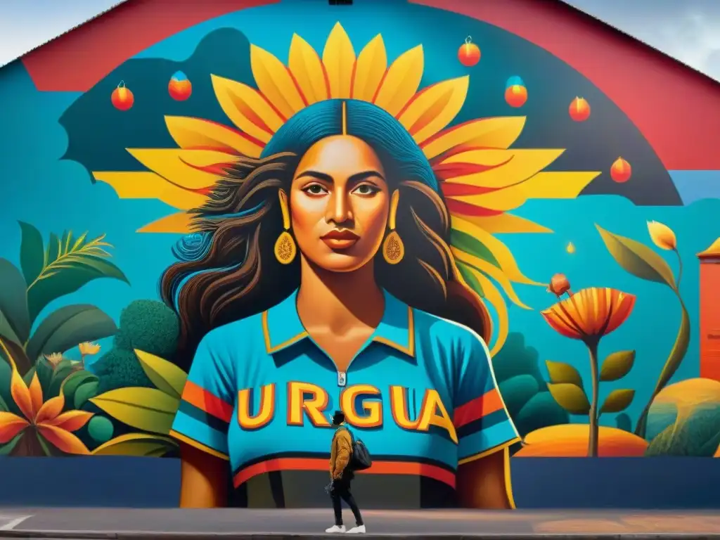 Un mural vibrante y colorido que representa la cultura uruguaya con elementos realistas y abstractos