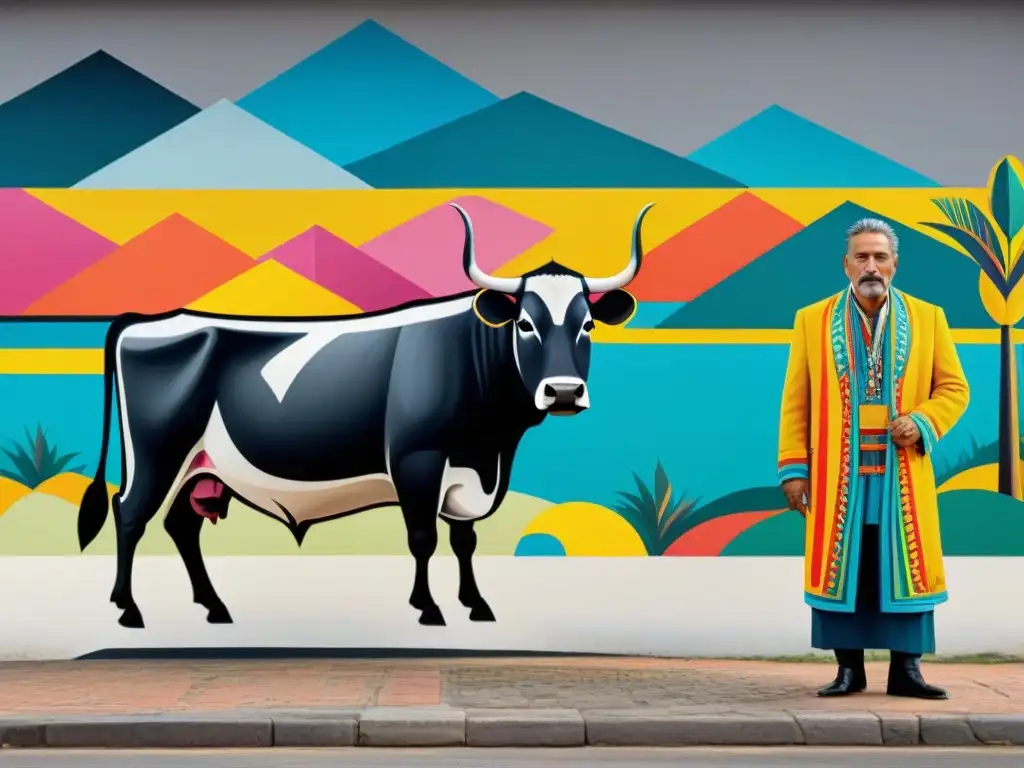 Un mural vibrante y colorido fusionando motivos tradicionales uruguayos con una interpretación artística moderna