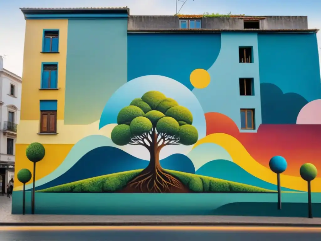 Un mural vibrante y colorido en una pared de Uruguay, muestra diversidad y sostenibilidad en arte contemporáneo uruguayo