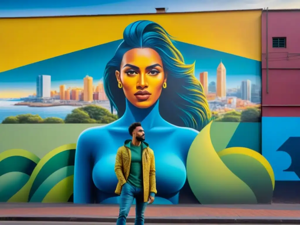 Un mural vibrante y colorido en Montevideo, Uruguay, fusiona patrones geométricos con retratos realistas y la silueta de la ciudad al atardecer