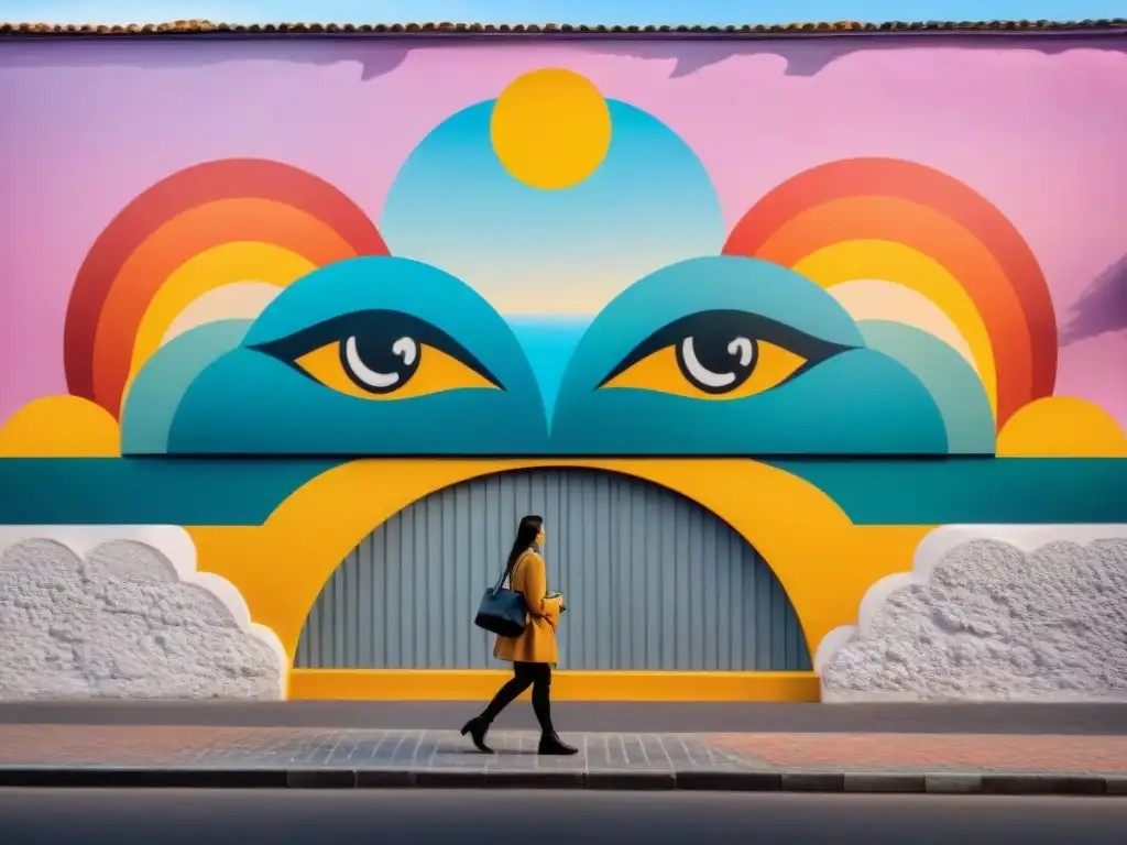 Un mural vibrante y colorido en Montevideo, Uruguay que fusiona símbolos tradicionales con elementos artísticos modernos, reflejando la creatividad e innovación en la escena de arte contemporáneo uruguayo impactando a la sociedad