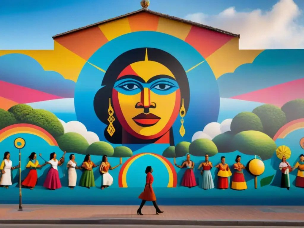 Un mural vibrante de comunidad en Uruguay: niños, ancianos, artistas y activistas crean juntos una obra colorida que representa la unión y la colaboración