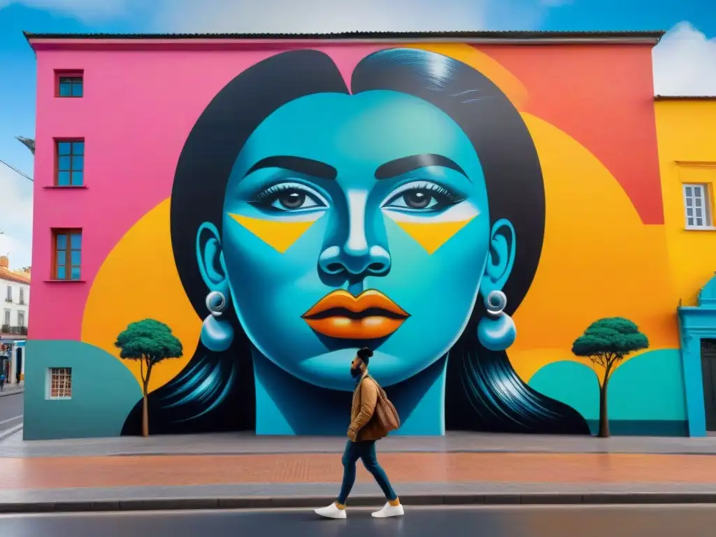 Un mural vibrante en el corazón del bullicioso paisaje urbano de Uruguay, fusionando elementos culturales diversos en una paleta de colores vibrantes que simbolizan la unidad y la diversidad