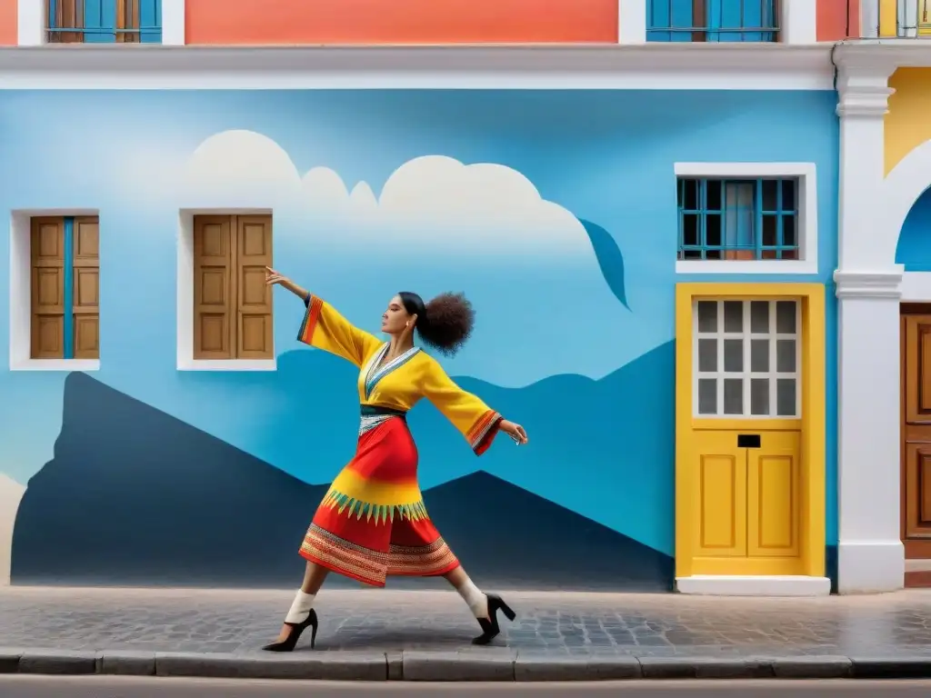 Un mural vibrante de danzas folclóricas uruguayas en Montevideo, destacando la rica cultura del país