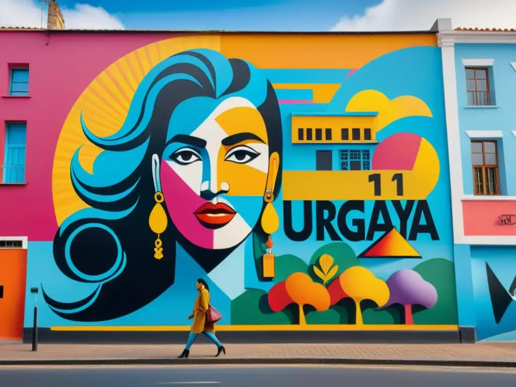 Un mural vibrante y detallado fusionando arte tradicional uruguayo con técnicas modernas de street art