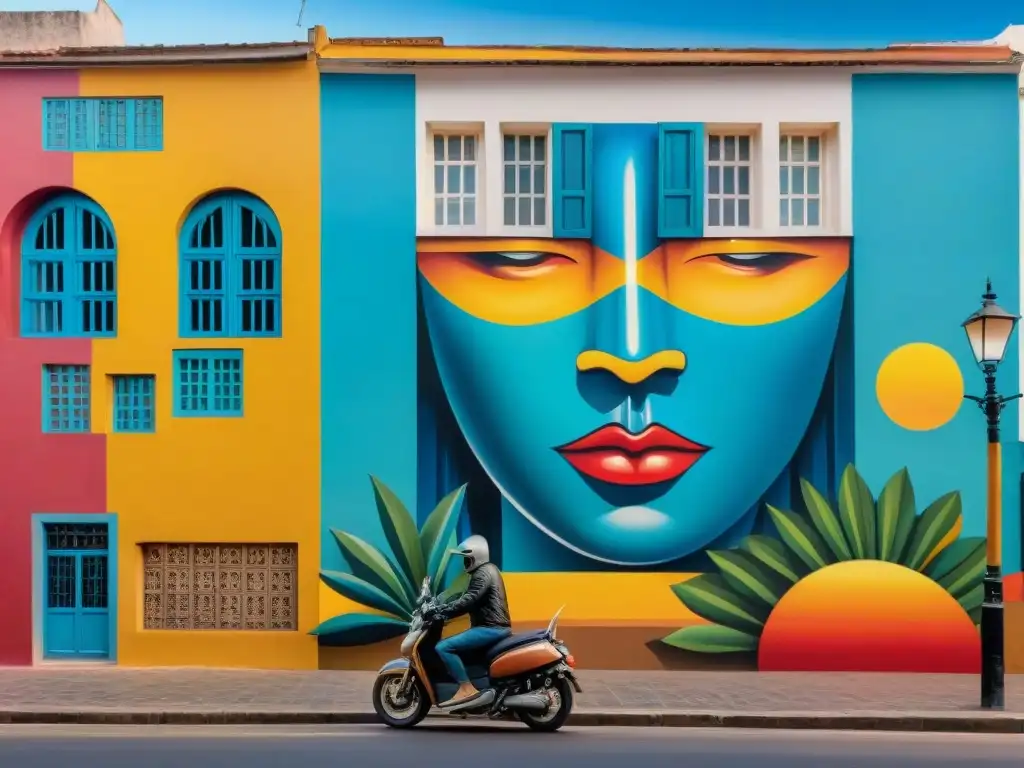 Un mural vibrante y detallado en Montevideo, Uruguay, fusionando arte contemporáneo con motivos tradicionales uruguayos