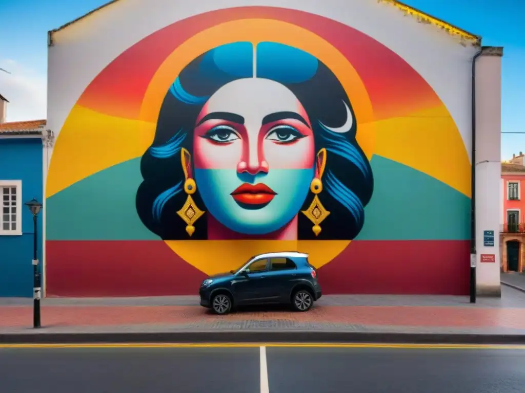 Un mural vibrante y detallado en una bulliciosa calle de Uruguay, fusionando símbolos culturales e figuras históricas con elementos modernos, reflejando la identidad comunitaria a través del arte mural impactante