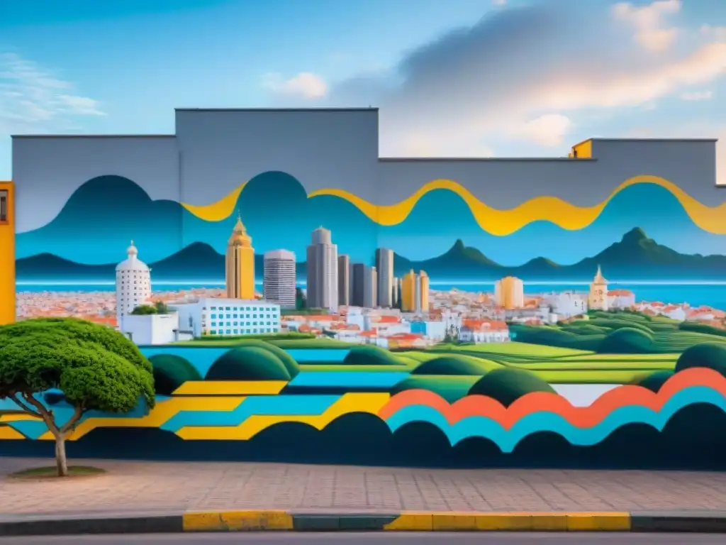 Un mural vibrante y detallado de una ciudad futurista en Uruguay, con formas geométricas coloridas y líneas dinámicas que se entrelazan para crear una impactante obra de arte callejero