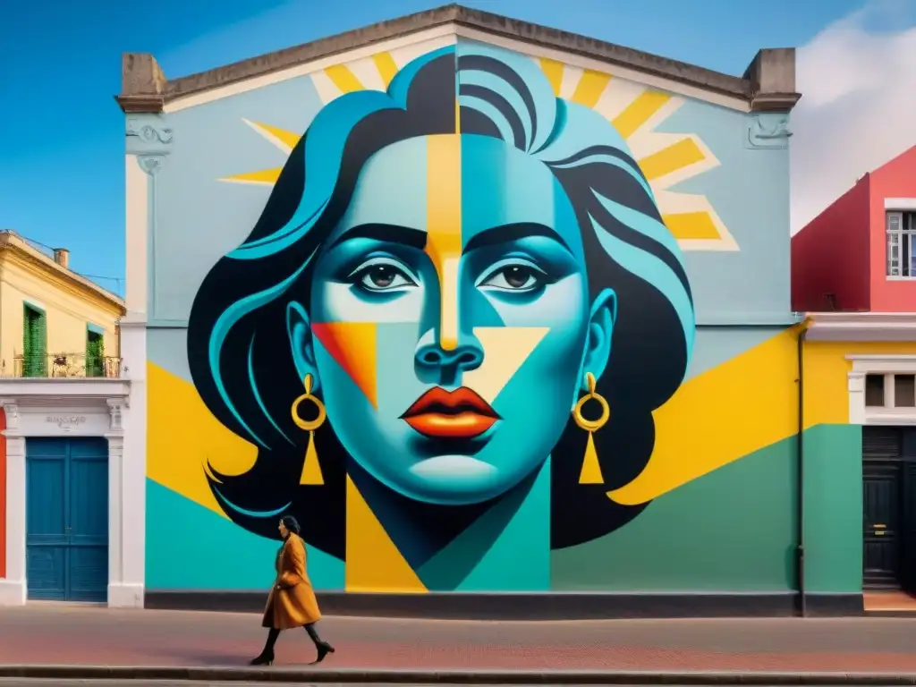 Un mural vibrante y detallado en Montevideo, Uruguay, muestra elementos de arte urbano con colores y formas contrastantes